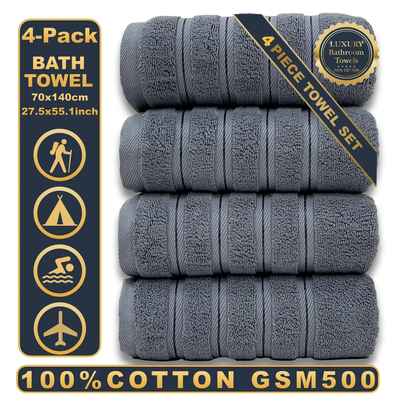 Set de 4 serviettes de bain noires en coton égyptien — 70 x 140 cm - Nesty (vue 2)