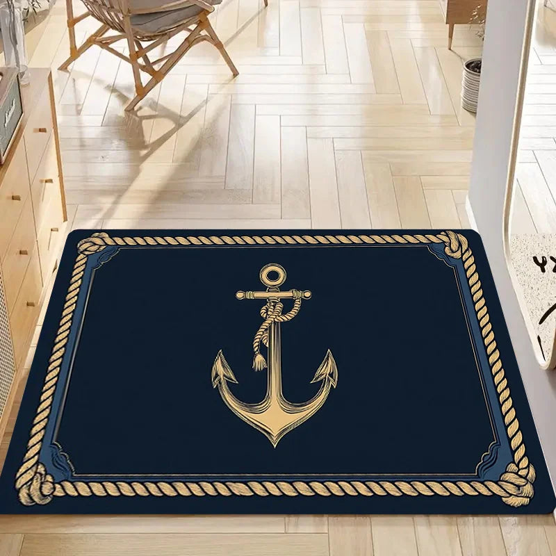 Paillasson flanelle motif ancre marine, bordure corde dorée, antidérapant - Nesty (vue 2)
