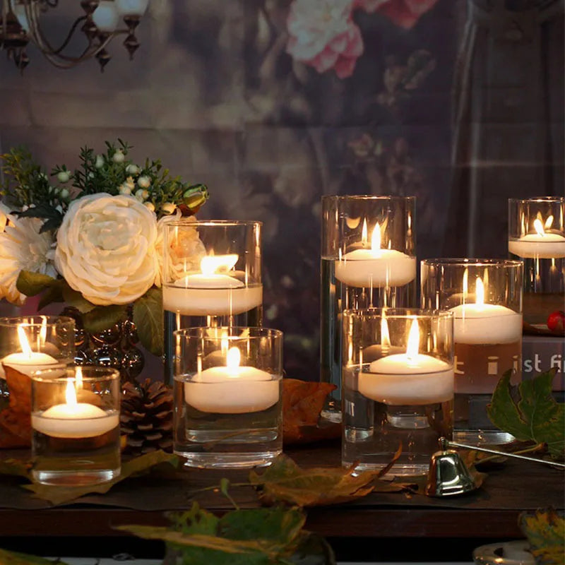 Vase cylindrique en verre transparent Nesty - Ensemble de tailles avec bougies flottantes, roses et pommes de pin en décoration d'automne