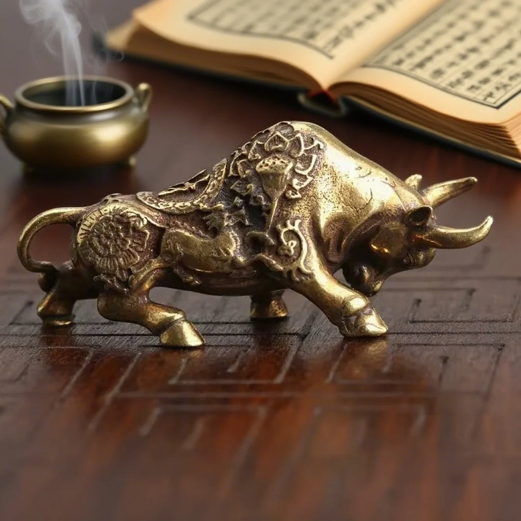 Statuette taureau en laiton Nesty - Posée sur une table en bois avec porte-encens