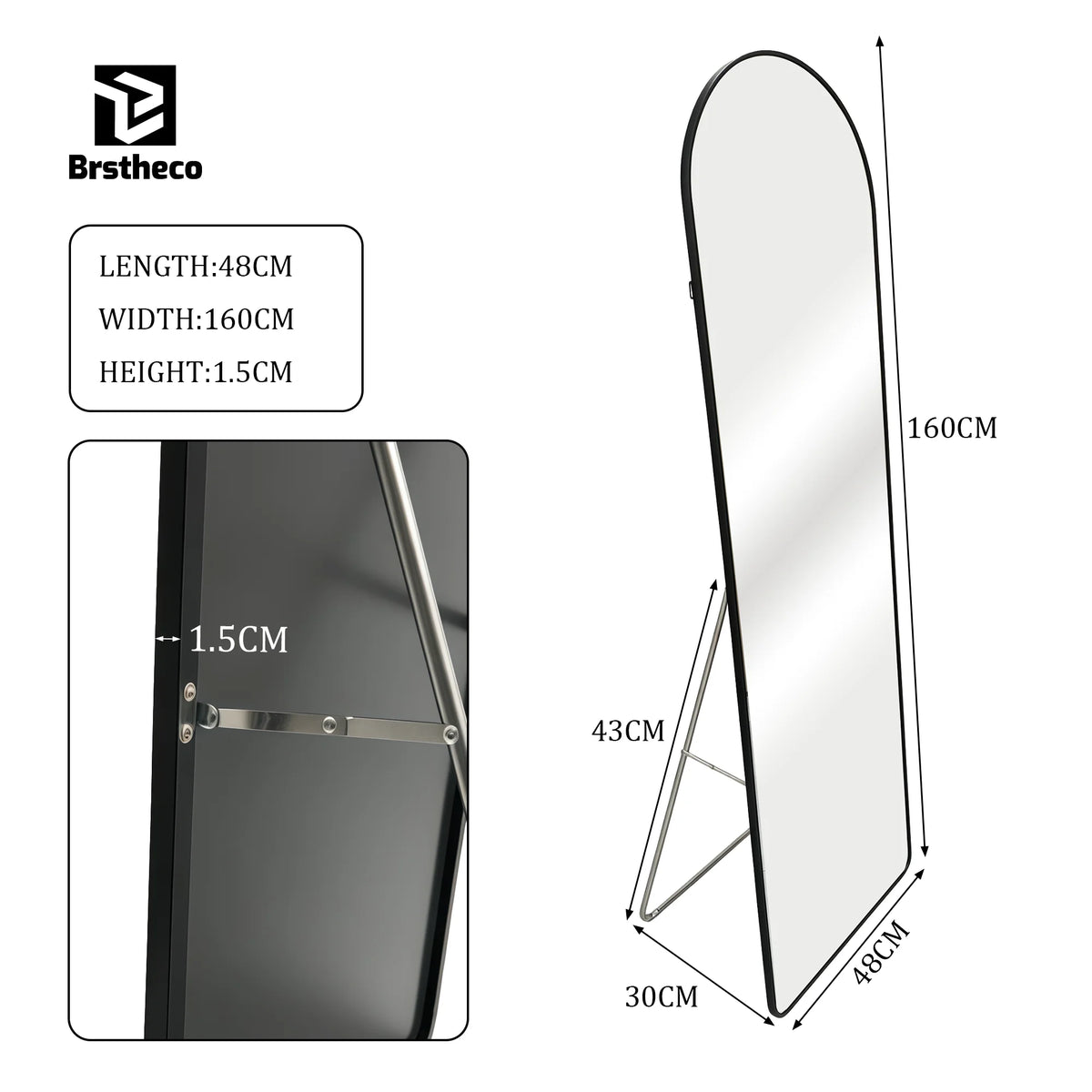 Miroir grand format Nesty - Cintré ou rond, cadre aluminium, schéma des dimensions du modèle sur pied cadre noir, 160 x 48 cm, profondeur de pied 43/30 cm, épaisseur 1,5 cm