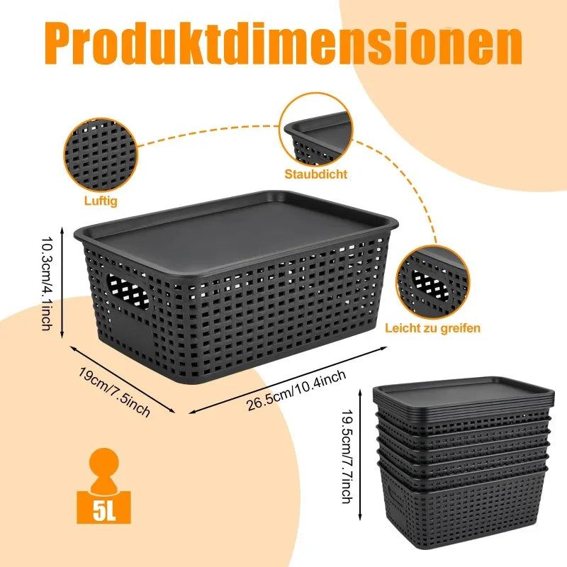 Lot de 6 paniers de rangement tressés empilables avec couvercle Nesty, fiche dimensions en allemand 26,5 x 19 x 10,3 cm, capacité 5L