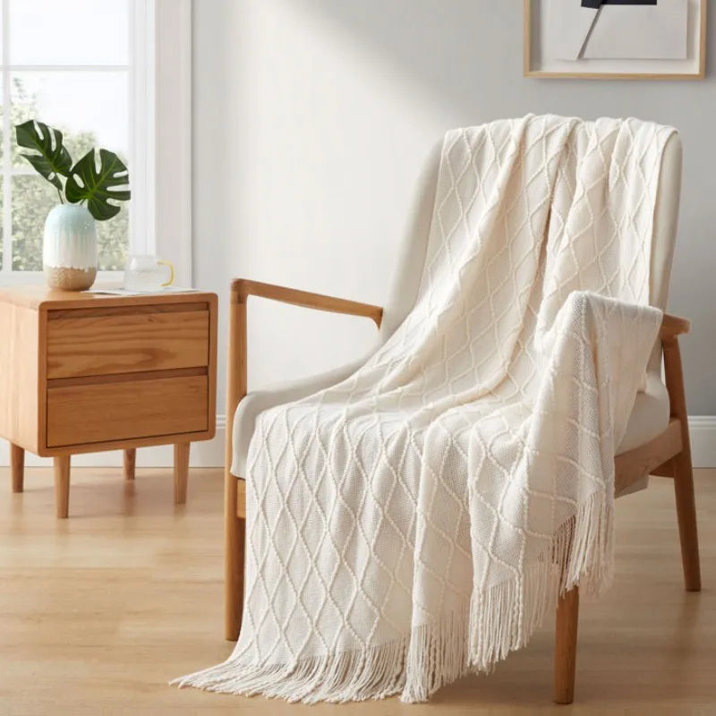 Plaid tricoté bohème blanc cassé oversize à franges (vue 6) - Nesty