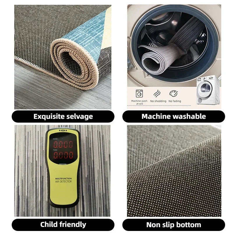 Tapis à motif géométrique sans peluches pour salon Nesty - Collage détail lisière, lavage machine, test qualité d'air et envers antidérapant