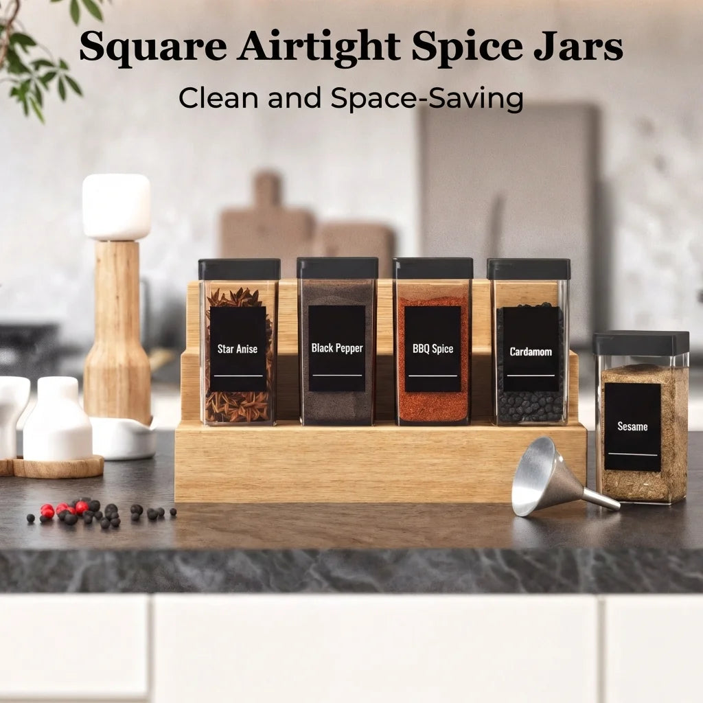 Set de bocaux à épices en verre avec étiquettes Nesty, présentoir en bois à quatre niveaux avec bocaux carrés étiquetés (Star Anise, Black Pepper, BBQ Spice, Cardamom, Sesame), entonnoir en métal et moulin à poivre en bois, texte "Square Airtight Spice Jars"