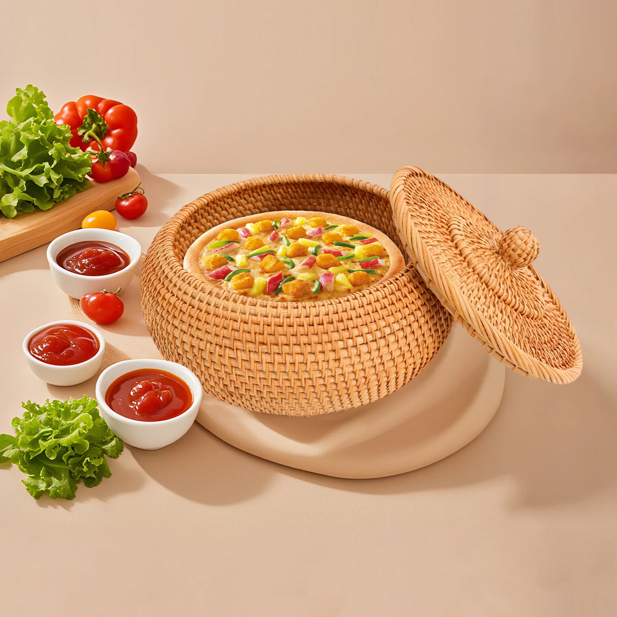 Panier de rangement artisanal en rotin naturel avec couvercle Nesty, panier ouvert garni d'une pizza, entouré de bols de ketchup, salade et tomates