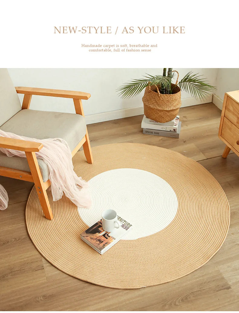 Tapis rond tressé main en jute et rotin, pompons vintage (vue 10) - Nesty