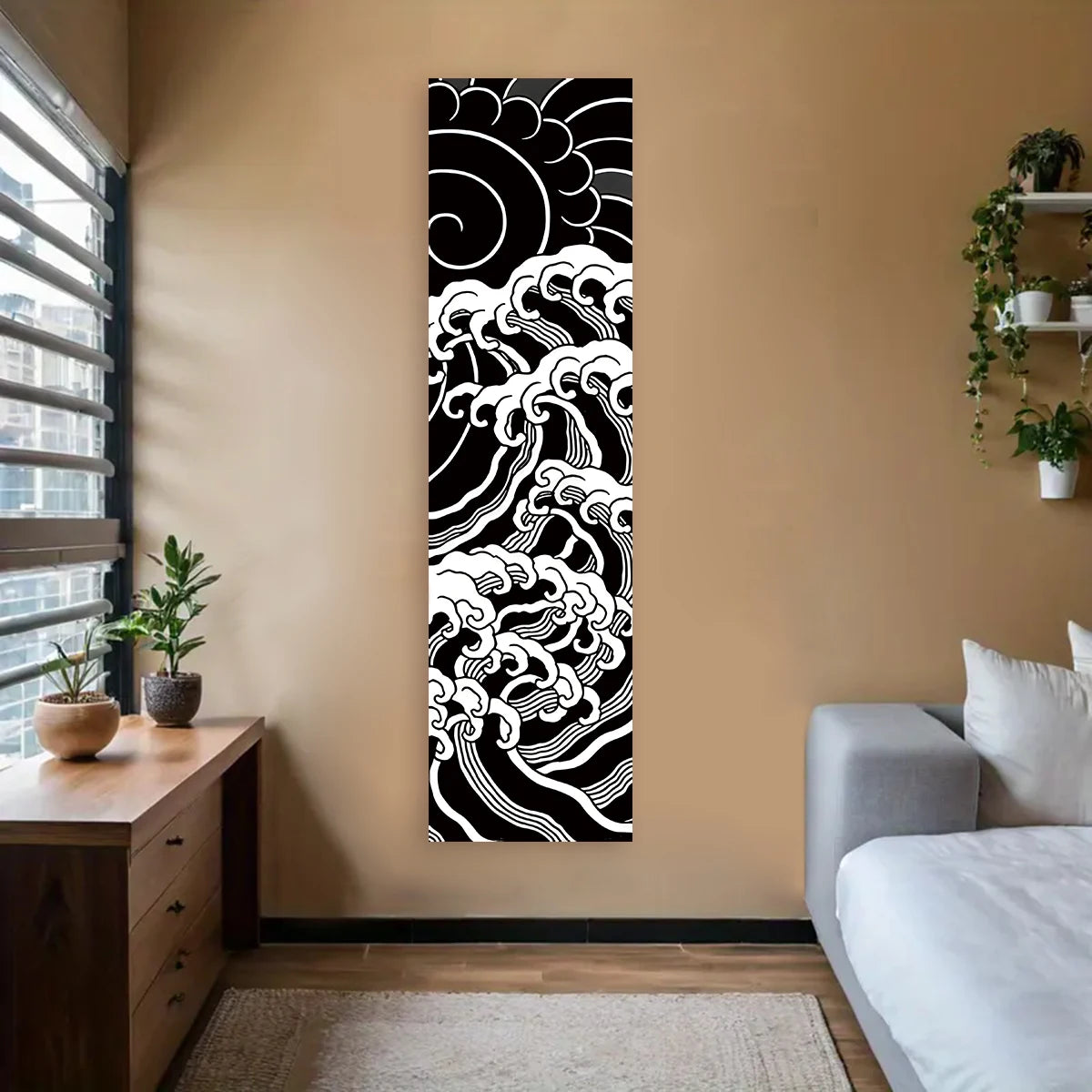 Tapisserie murale vagues japonaises Nesty - Variante noir et blanc, motif vague stylisé