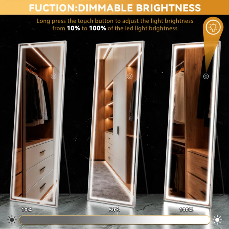 Miroir psyché LED Nesty - Luminosité réglable de 10 à 100%, installé dans trois dressings en bois