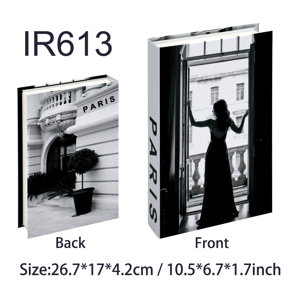 Faux livre décoratif boîte de rangement style nordique, couverture Paris, photo noir et blanc d'une femme en robe longue à la fenêtre (vue 47) - Nesty