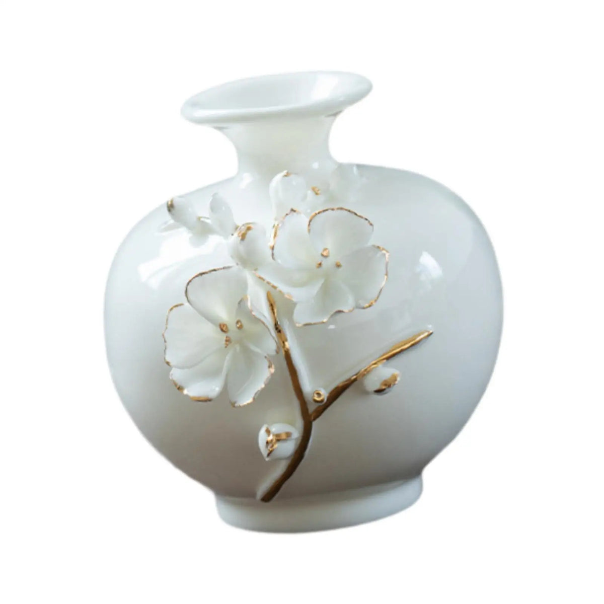 Vase en céramique peint à la main Nesty - Gros plan sur les fleurs blanches en relief à liseré doré