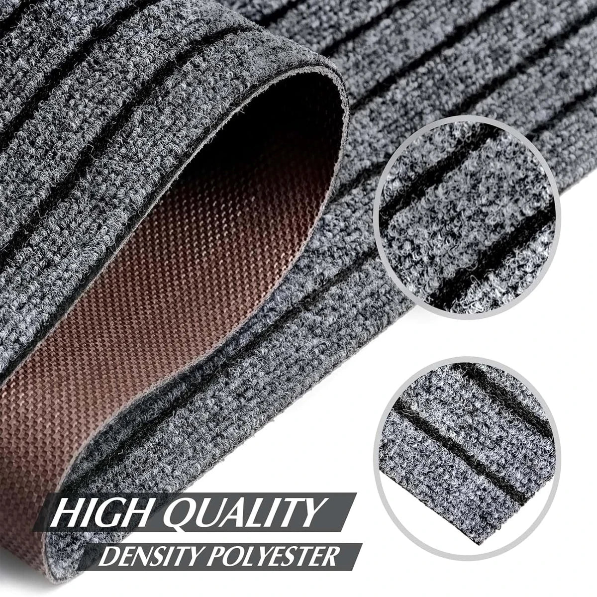 Tapis long à rayures — cuisine et entrée - Nesty, gros plan sur un tapis gris à rayures roulé, envers antidérapant marron, mention haute densité polyester
