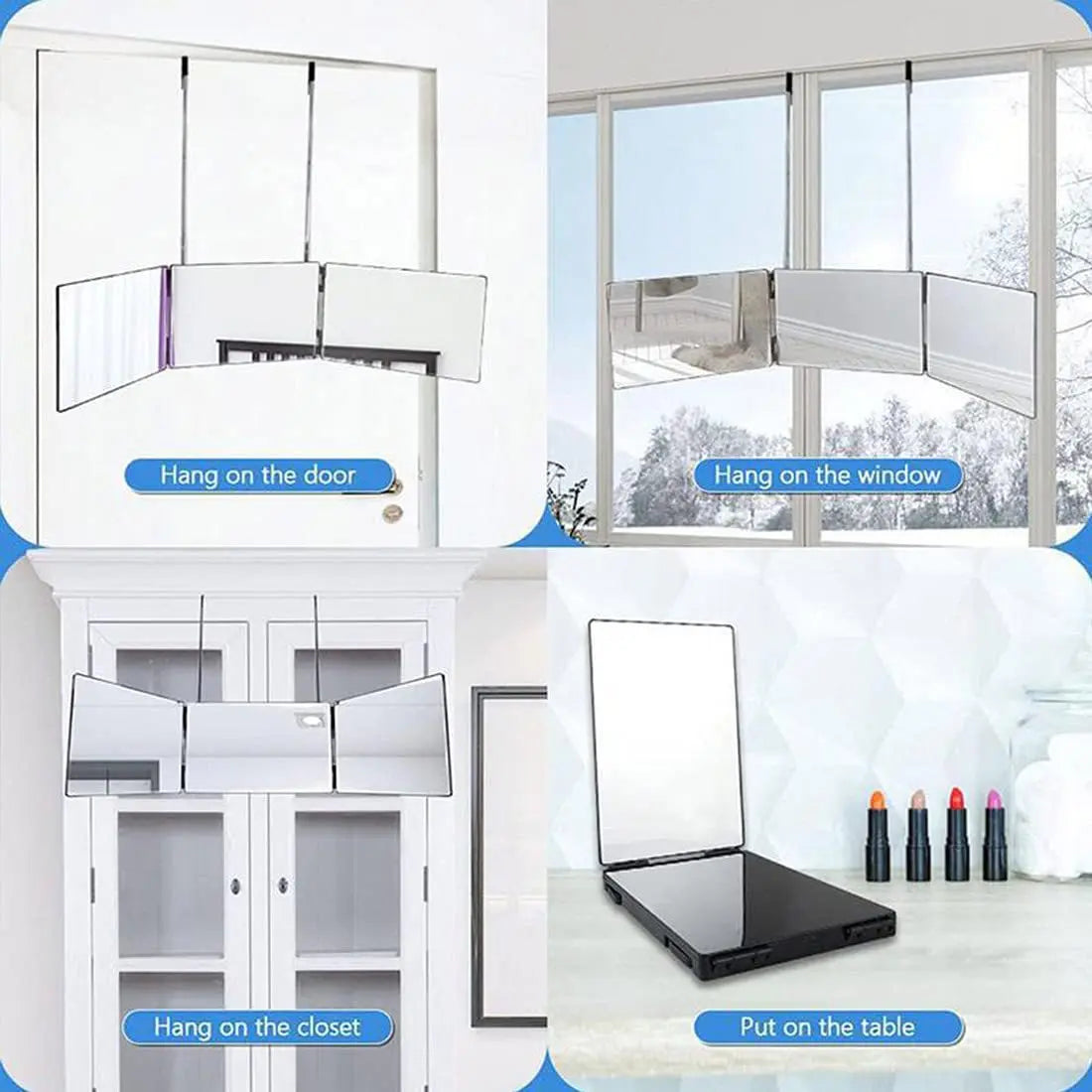 Miroir de maquillage pliable LED Nesty - Scénarios d'installation, sur porte, fenêtre, armoire ou table