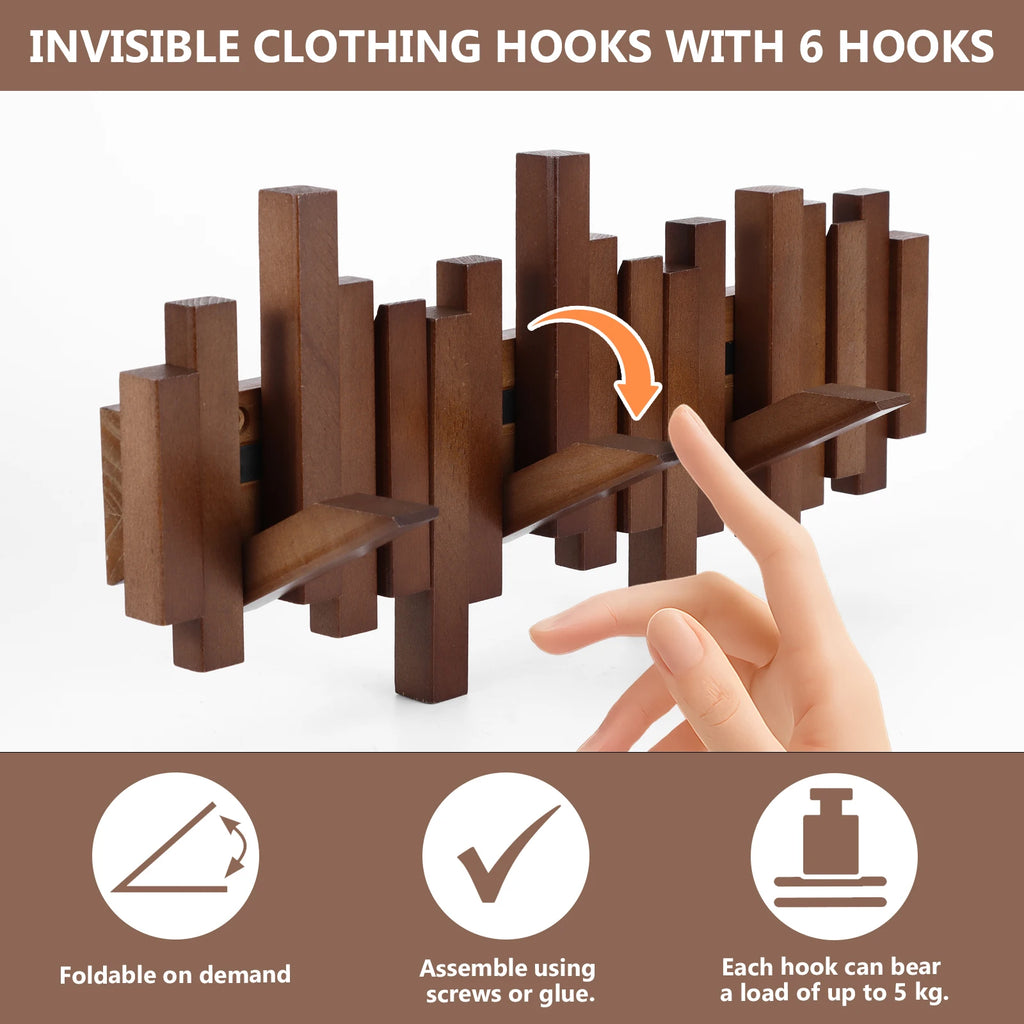 Porte-manteau mural en bois — 6 crochets escamotables - Nesty (vue 2)