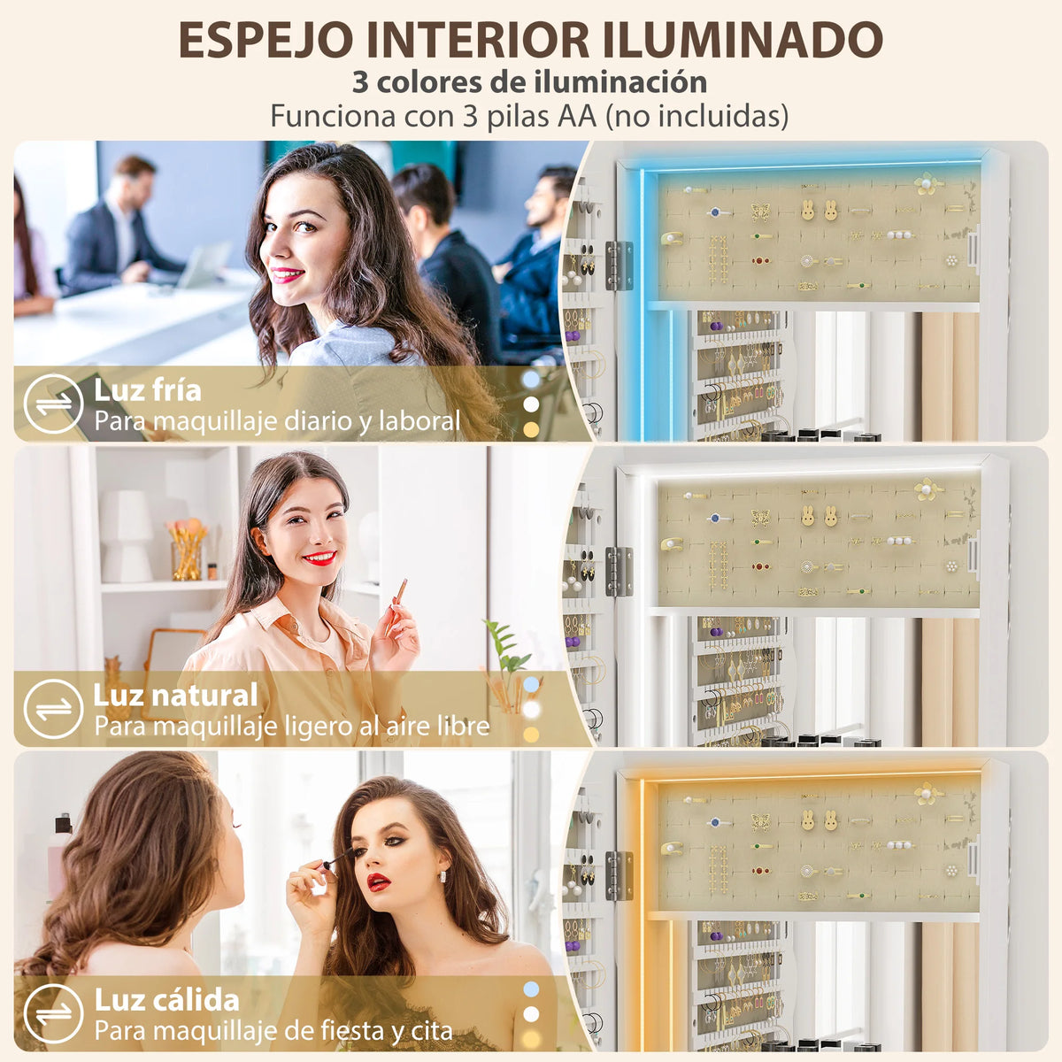 Armoire à bijoux miroir ondulée avec éclairage LED et serrure (vue 5) - Nesty