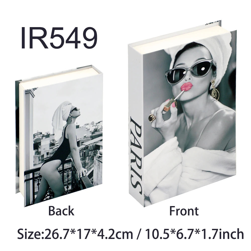 Faux livre décoratif boîte de rangement style nordique, couverture Paris, photo noir et blanc d'une femme à lunettes et turban (vue 33) - Nesty