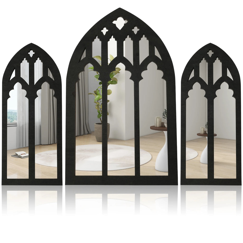 Set de miroirs muraux cintrés — vitraux décoratifs - Nesty, set de 3 miroirs muraux cintrés noirs façon vitrail gothique de tailles différentes, sur fond blanc