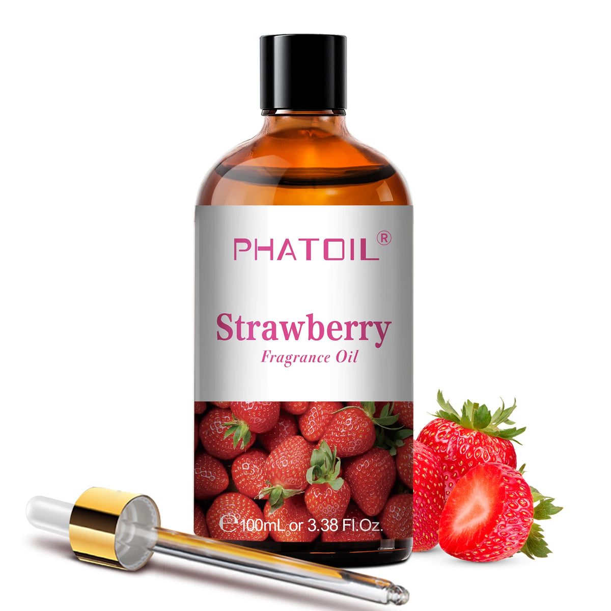 Huile parfumée d'aromathérapie Nesty - Flacon Fraise PHATOIL avec pipette dorée et fraises fraîches