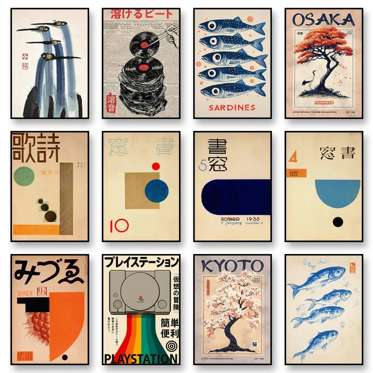 Toile imprimée grue japonaise Nesty - Planche de douze affiches japonaises encadrées aux motifs variés (grues, sardines, Osaka)