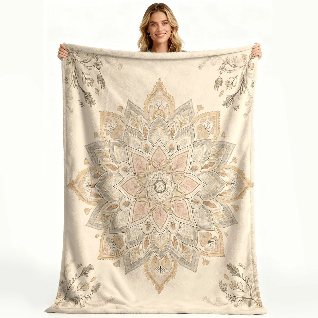 Plaid en peluche motif mandala Nesty - Déplié intégralement, gros plan sur le motif fleur mandala rose et doré