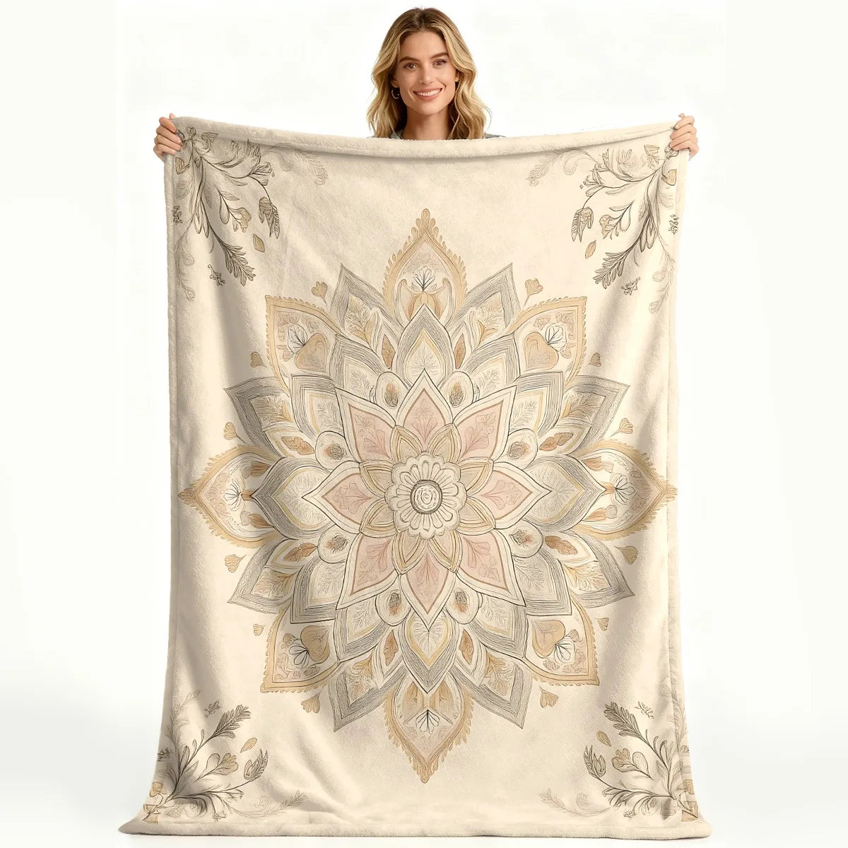 Plaid en peluche motif mandala Nesty - Déplié intégralement, gros plan sur le motif fleur mandala rose et doré