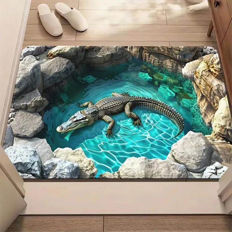 Tapis illusion optique chat 3D Nesty - Motif crocodile dans un bassin turquoise
