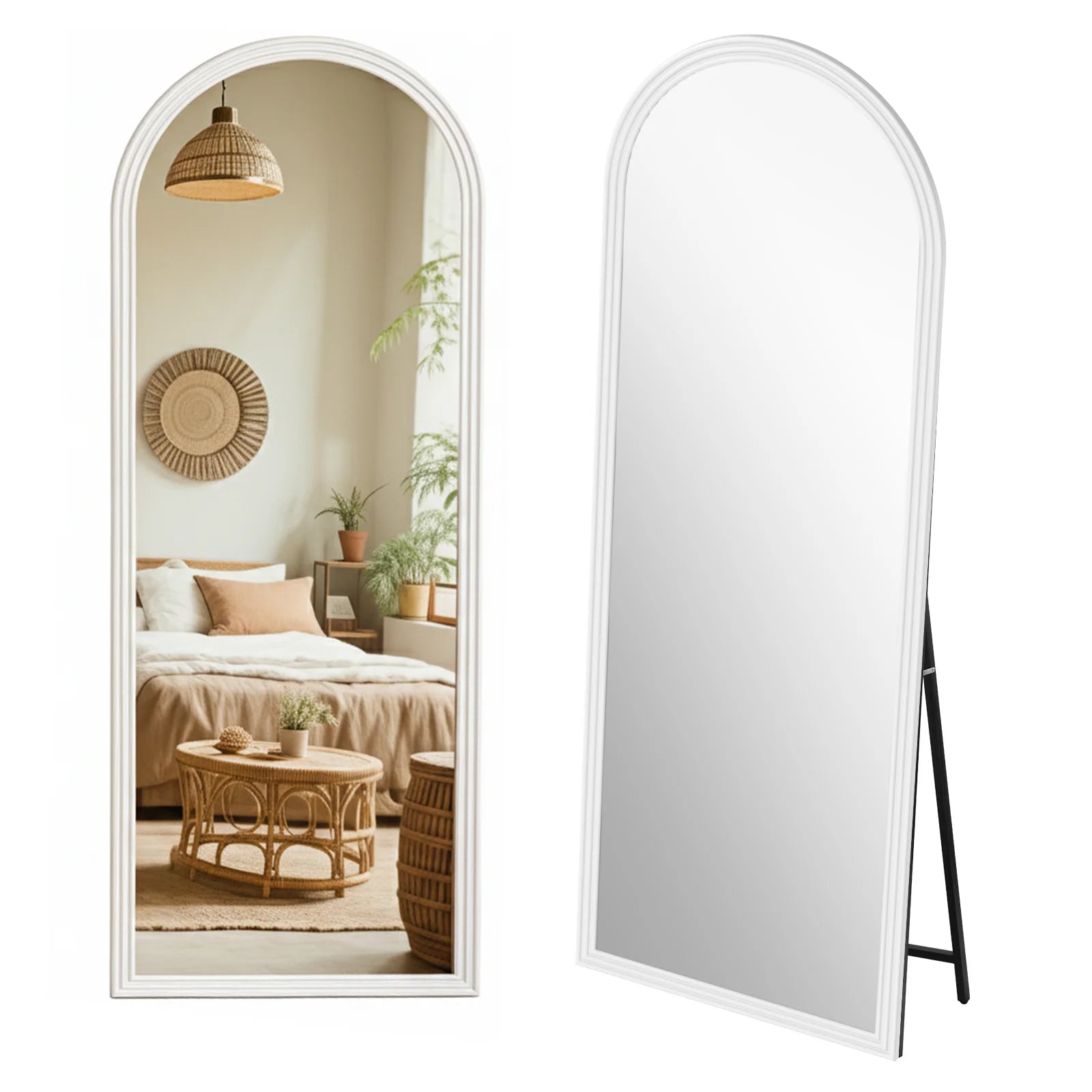 Miroir psyché en bois cintré Nesty - Cadre blanc en chambre bohème avec suspension en rotin, et vue produit sur fond blanc