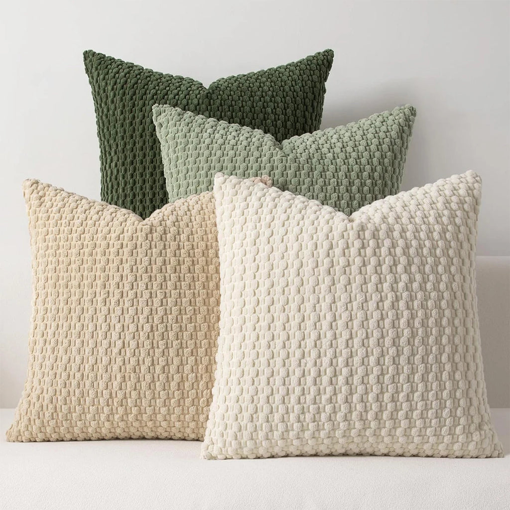 Housse de coussin réversible en velours côtelé Nesty - Quatre coloris empilés, vert et écru