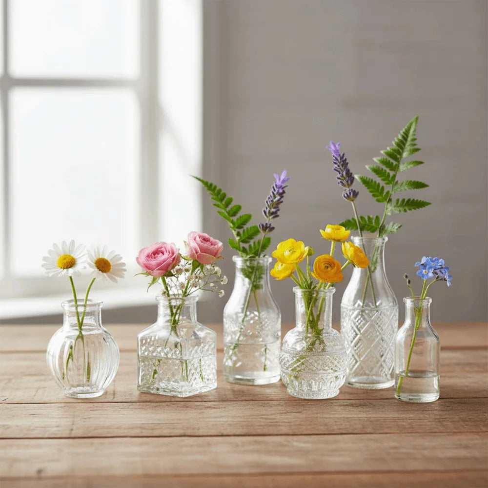 Lot de 10 mini vases en verre transparent, relief rétro Nesty, six mini vases à motifs gravés garnis chacun d'une fleur différente, sur table en bois près d'une fenêtre