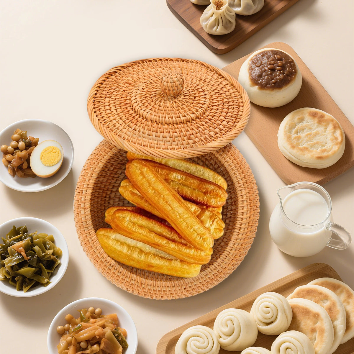 Panier de rangement artisanal en rotin naturel avec couvercle Nesty, panier ouvert garni de beignets de pâte frite, entouré de petits plats de petit-déjeuner asiatique