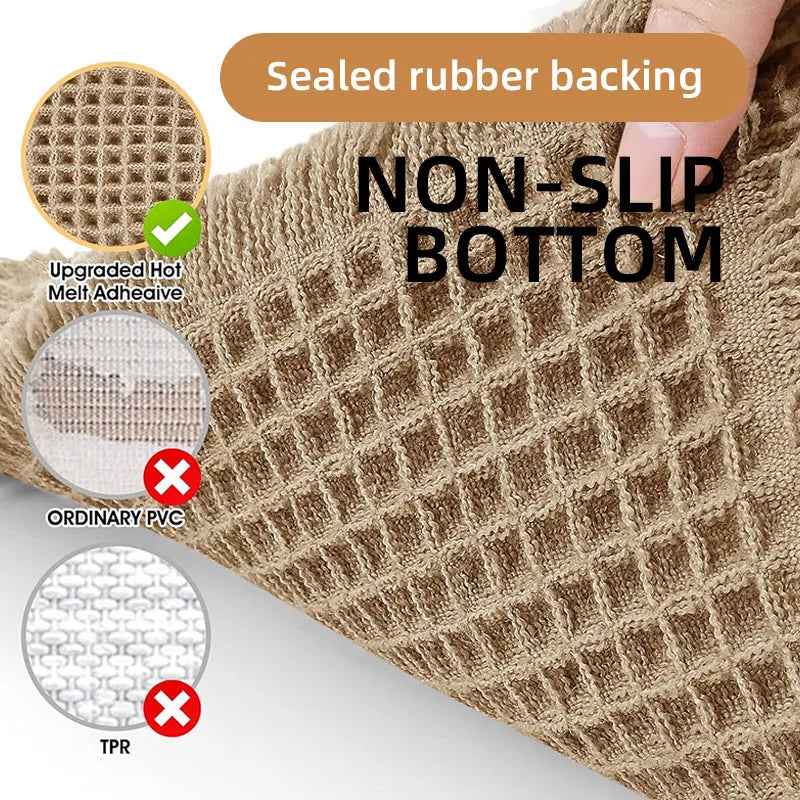 Tapis de bain gaufré à pompons Nesty - Gros plan sur l'envers antidérapant et la texture gaufrée du tapis
