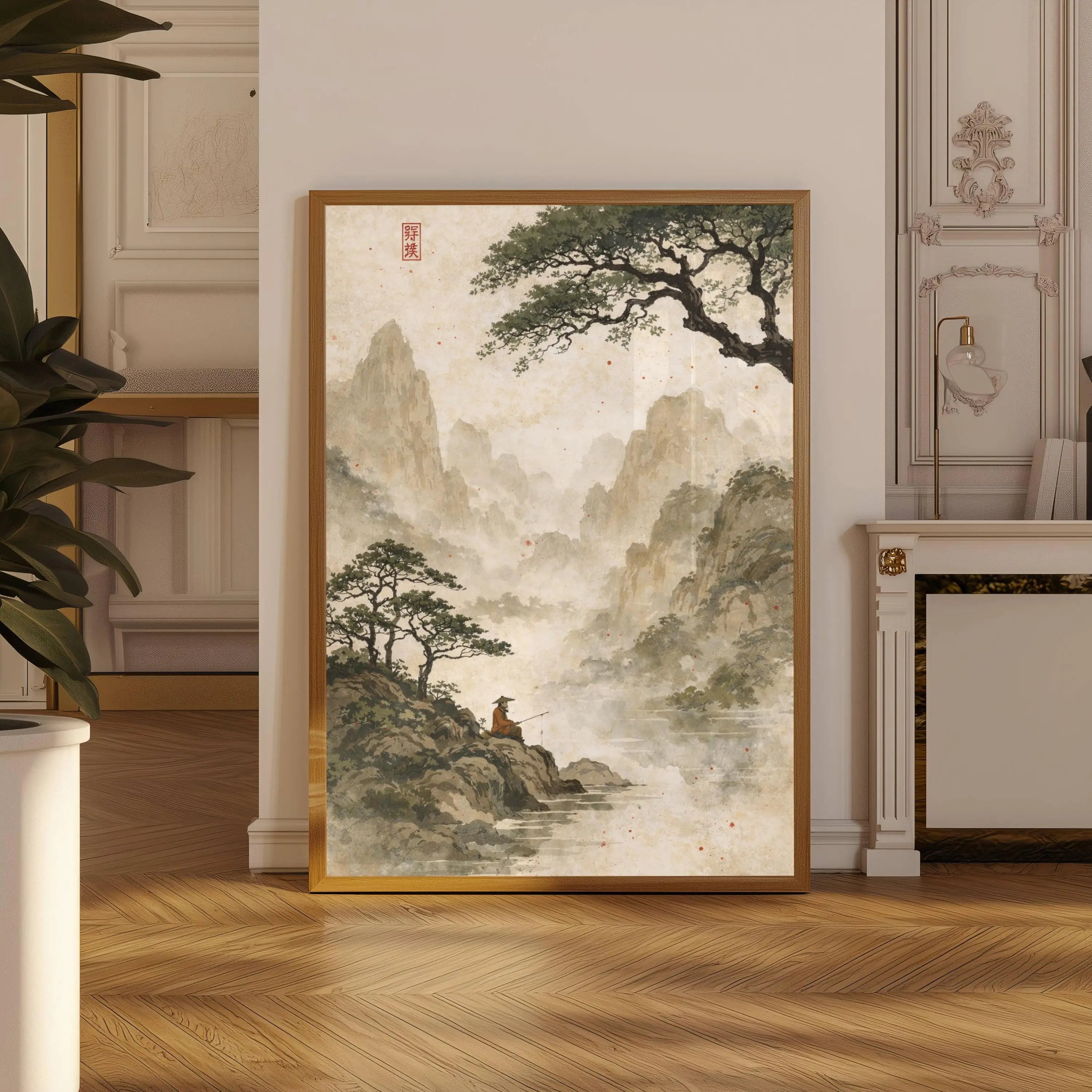 Toile imprimée cerisier en fleurs Nesty - Affiche encadrée d'un pêcheur au bord de l'eau sous un pin, paysage de montagnes brumeuses