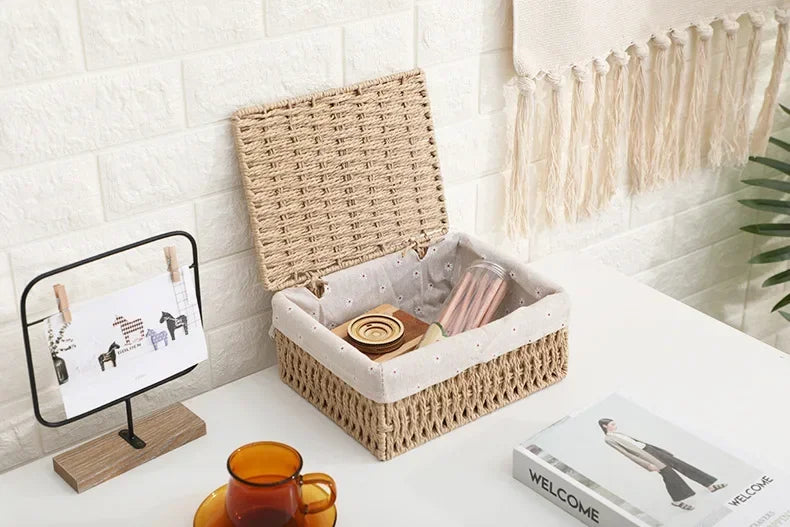 Boîte de rangement tressée en rotin avec couvercle et doublure amovible (vue 9) - Nesty