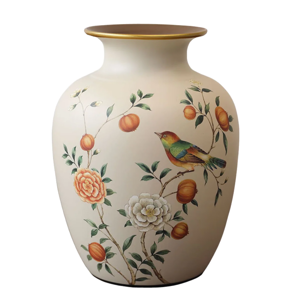 Vase en céramique de style classique, table à manger Nesty, même vase à motif oiseau et fleurs, détouré sur fond blanc