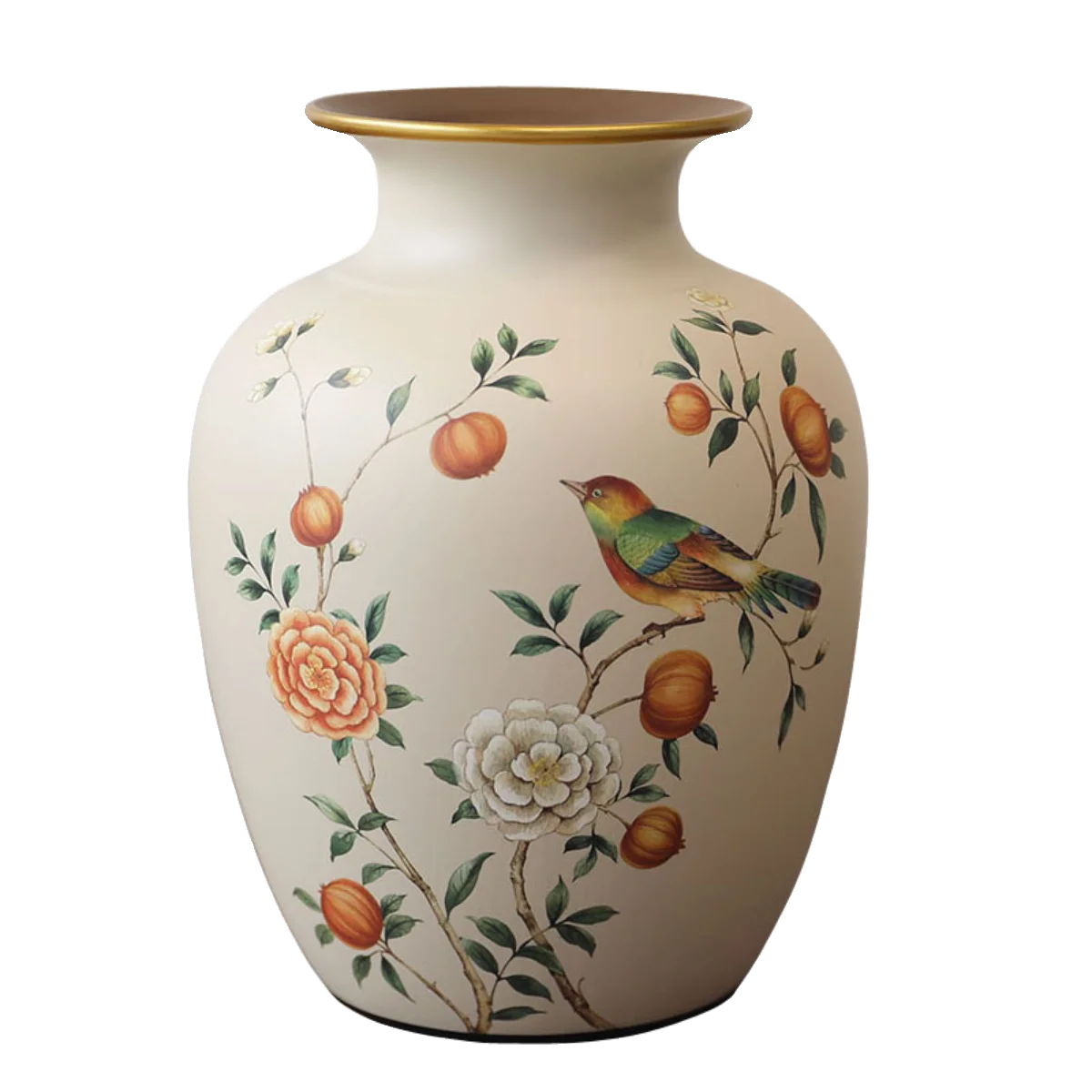 Vase en céramique de style classique, table à manger Nesty, même vase à motif oiseau et fleurs, détouré sur fond blanc