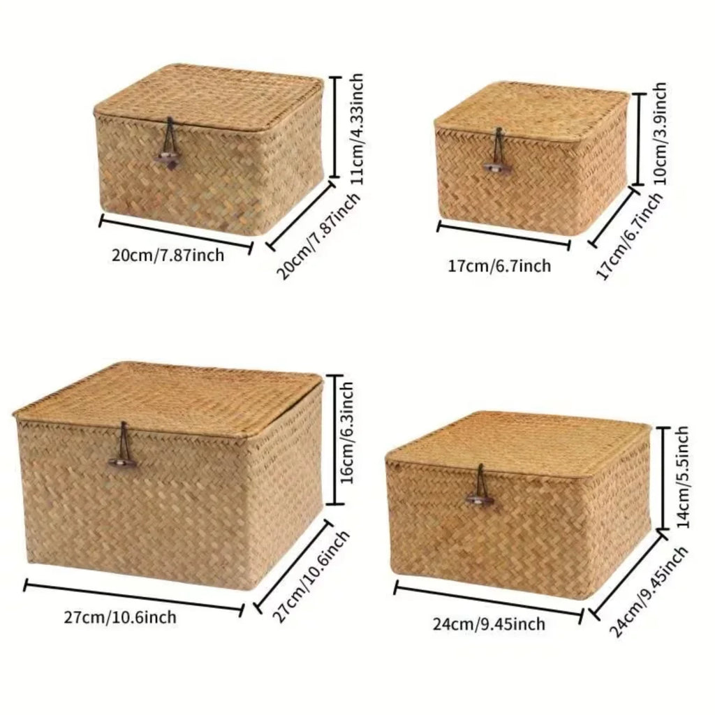 Lot de 4 boîtes tressées en jonc de mer Nesty - Quatre tailles avec dimensions indiquées, de 17 à 27 cm