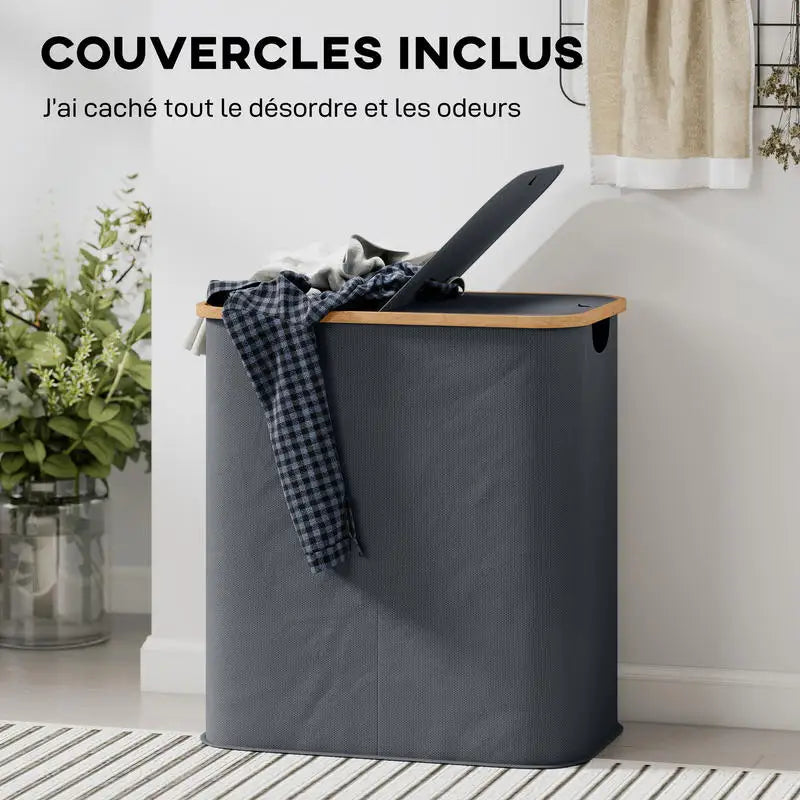 Panier à linge pliable gris 80L, deux compartiments (vue 5) - Nesty