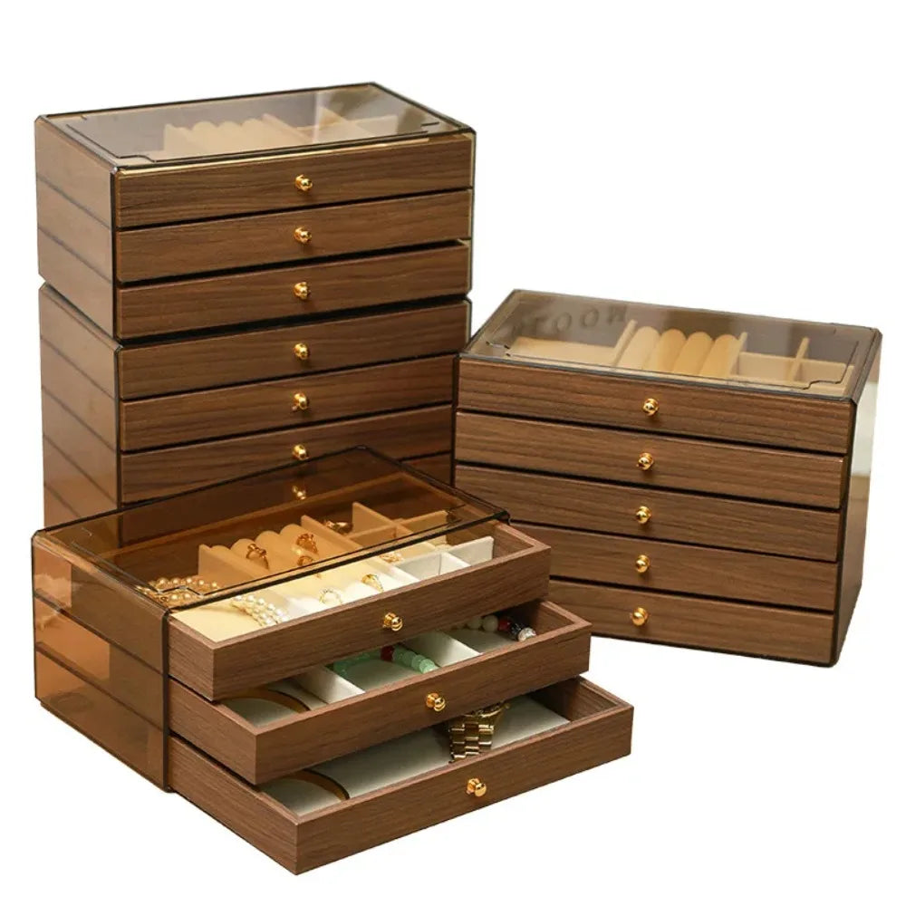 Boîte à bijoux grand format façon bois Nesty - Trois modèles empilables à hauteurs différentes sur fond blanc
