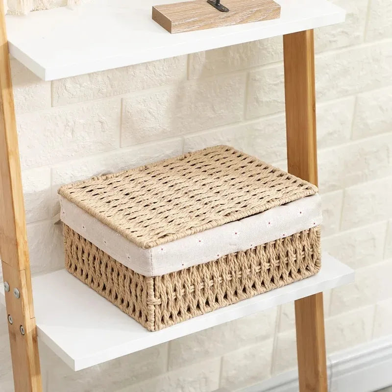 Boîte de rangement tressée en rotin avec couvercle et doublure amovible Nesty, coloris naturel posé sur une étagère blanche, mur de briques blanches