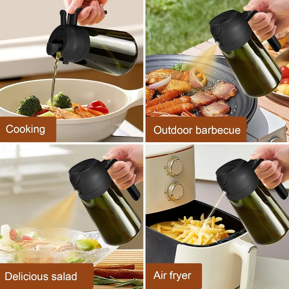 Vaporisateur d'huile en verre teinté, 470 ml Nesty, quatre vignettes d'usage du vaporisateur d'huile tenu à la main (cuisine, barbecue extérieur, salade, friteuse à air)