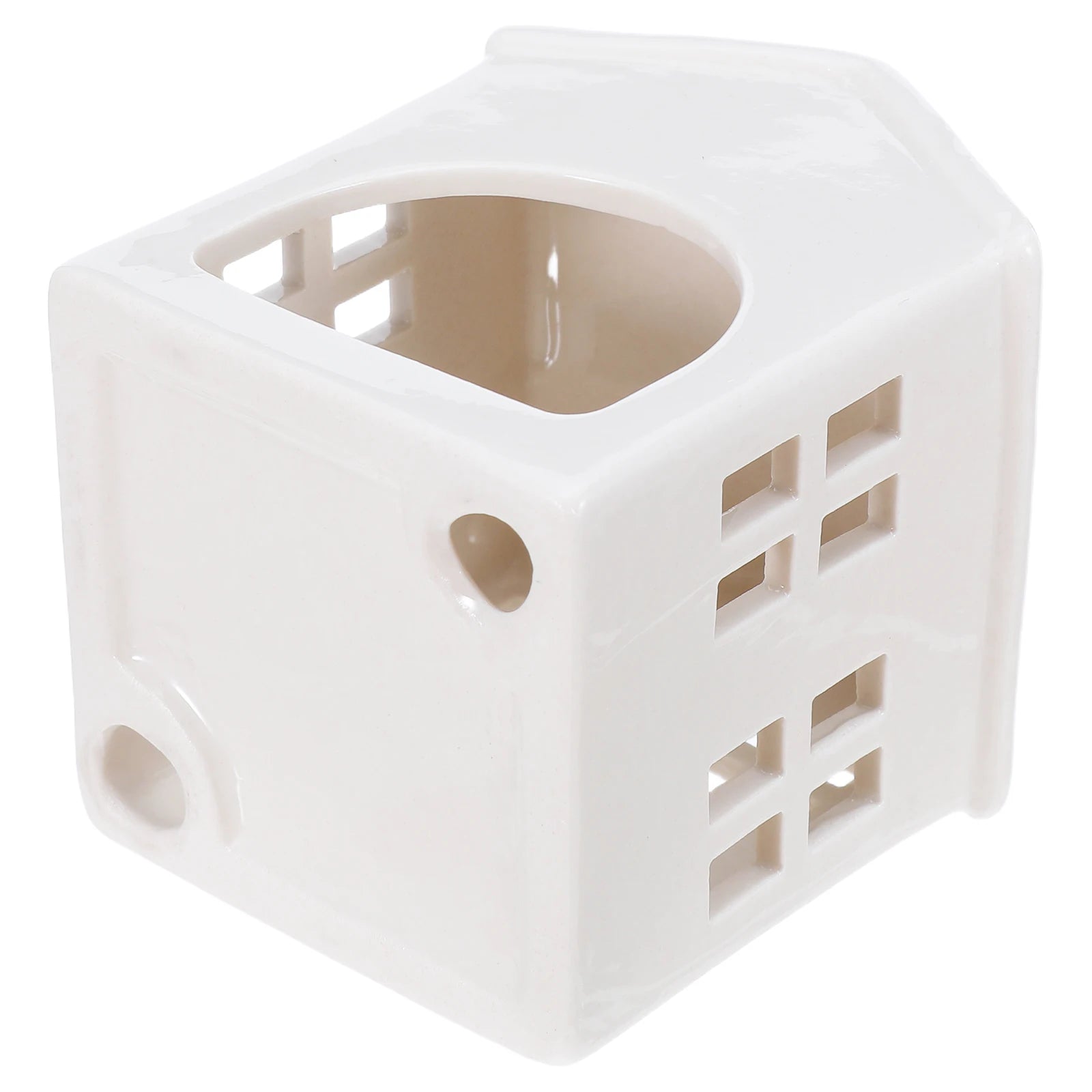 Photophore céramique blanc forme maisonnette cubique, façades ajourées à motif fenêtres, vue de biais - Nesty