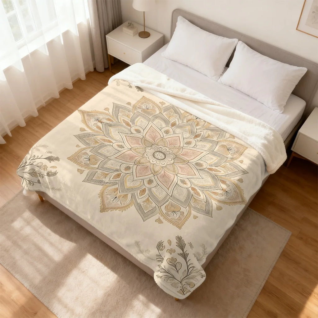 Plaid en peluche motif mandala Nesty - Drapé sur lit double avec oreillers blancs, vue plongeante