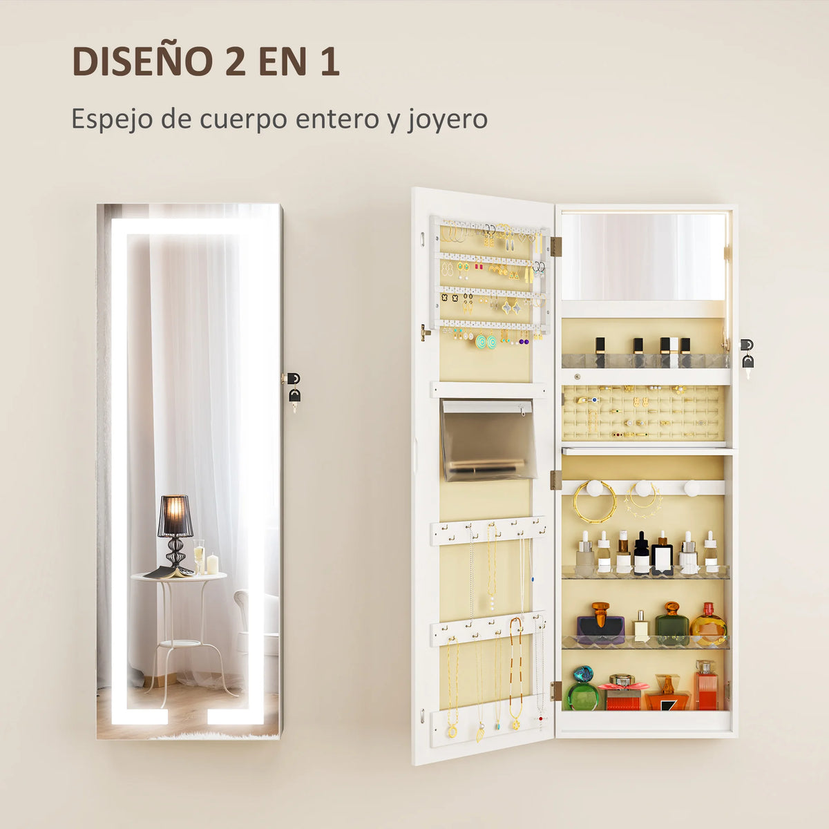 Miroir armoire à bijoux Nesty - Visuel '2 en 1' miroir et rangement à bijoux ouvert (texte en espagnol)