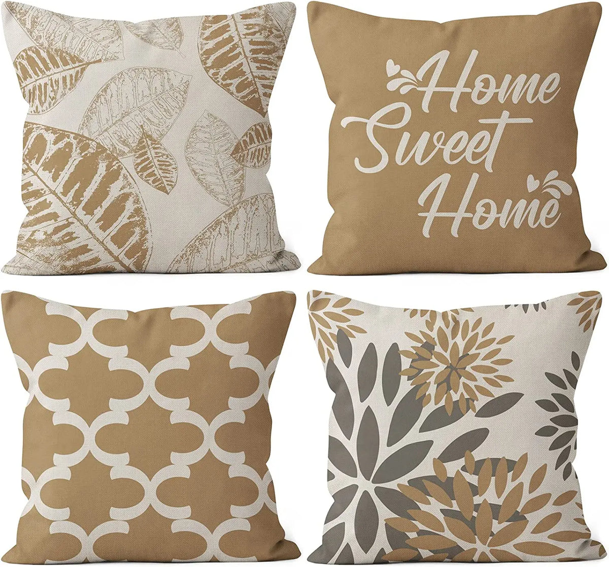 Housse de coussin en lin, motif feuille géométrique brun clair, modèle 2 Nesty, planche de quatre housses de coussin coloris beige et taupe : feuilles gravées XL, texte "Home Sweet Home", quadrillage marocain, fleurs et feuilles bicolores gris-taupe