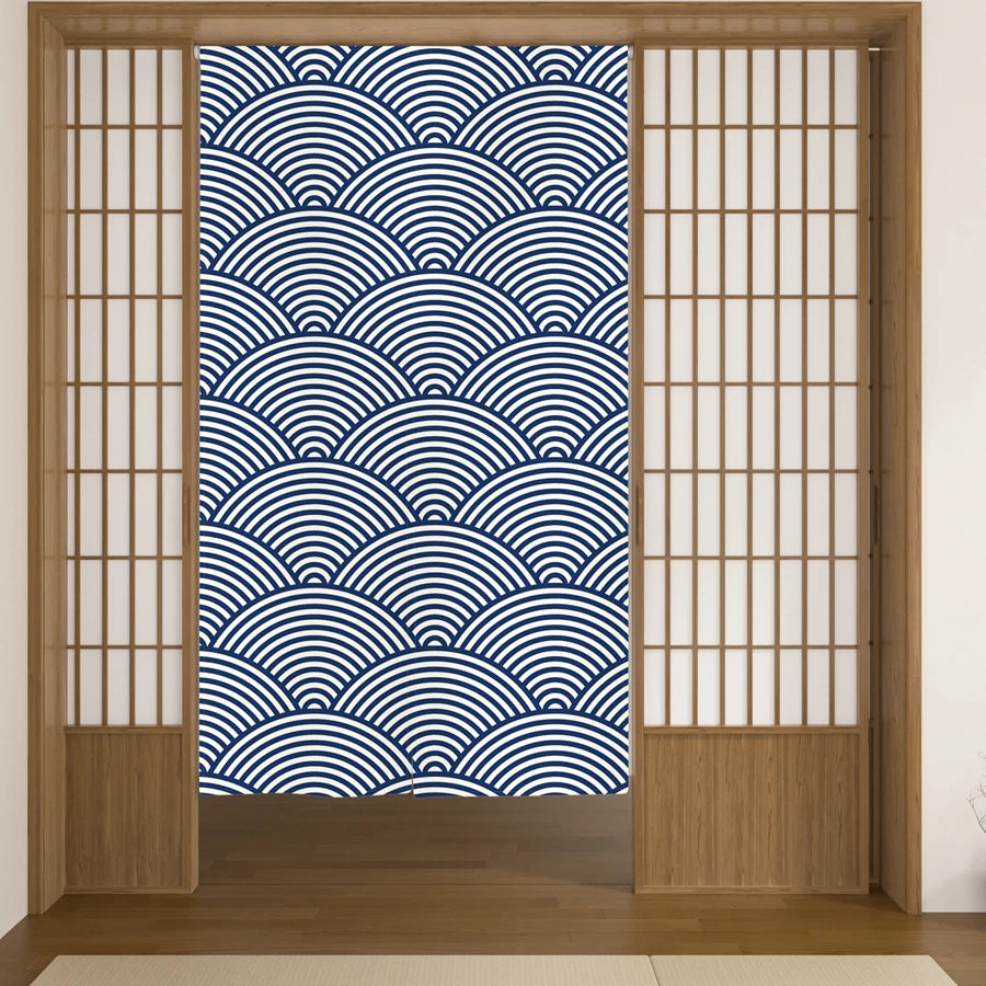 Rideau japonais noren bleu à motif vague, en lin pour porte - Nesty (vue 2)