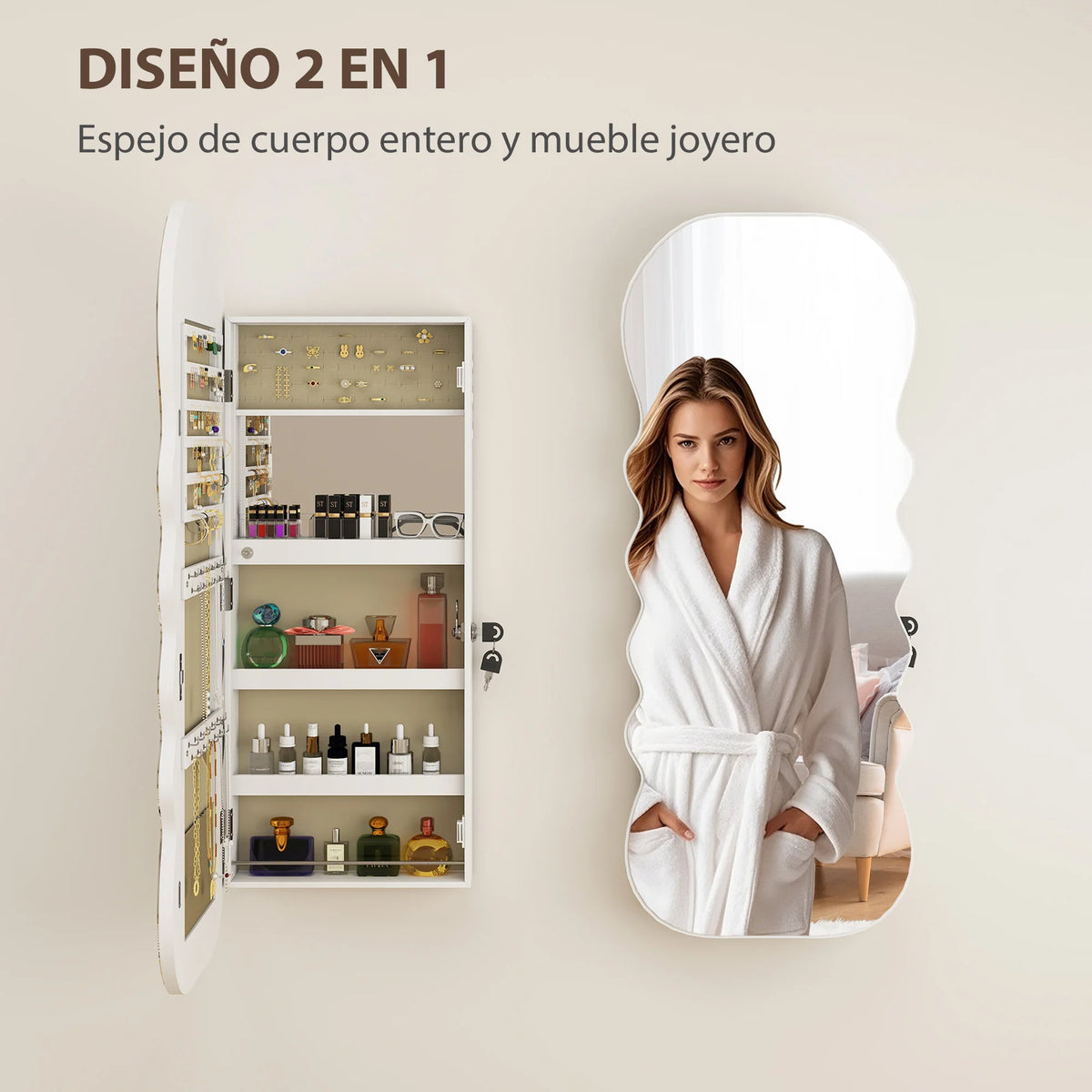 Armoire à bijoux miroir ondulée Nesty - Visuel publicitaire espagnol '2 en 1' comparant rangement bijoux et miroir fermé