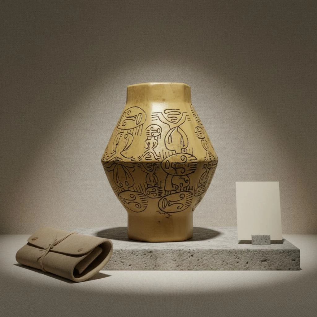 Vase en résine sculptée peint à la main, esprit wabi-sabi Nesty, vase jaune ocre à motifs gravés type figures primitives, sur socle en pierre avec pochette en cuir
