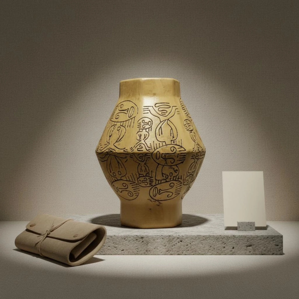 Vase en résine sculptée peint à la main, esprit wabi-sabi Nesty, vase jaune ocre à motifs gravés type figures primitives, sur socle en pierre avec pochette en cuir