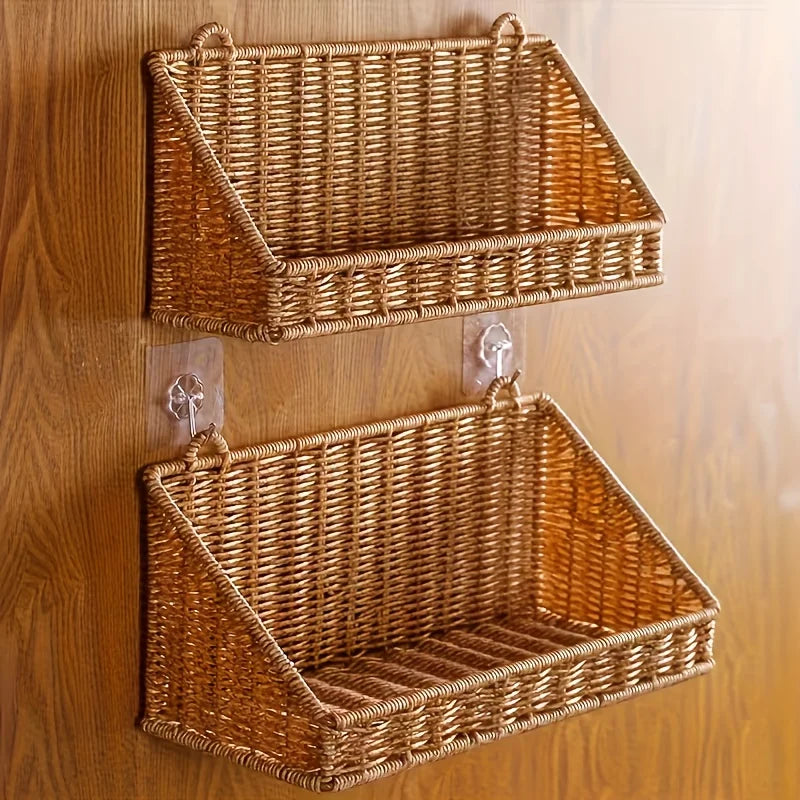 Panier mural tressé en rotin avec crochets, rangement rustique - Nesty (vue 5)