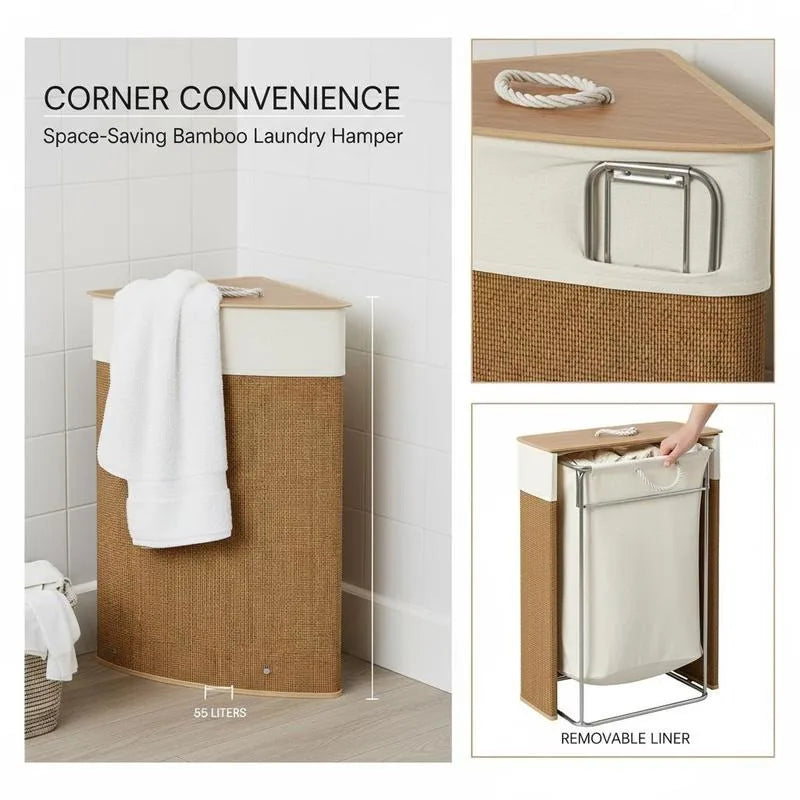 Panier à linge en rotin 55L Nesty - Détails du couvercle en bambou, de l'armature métallique et du sac amovible en tissu